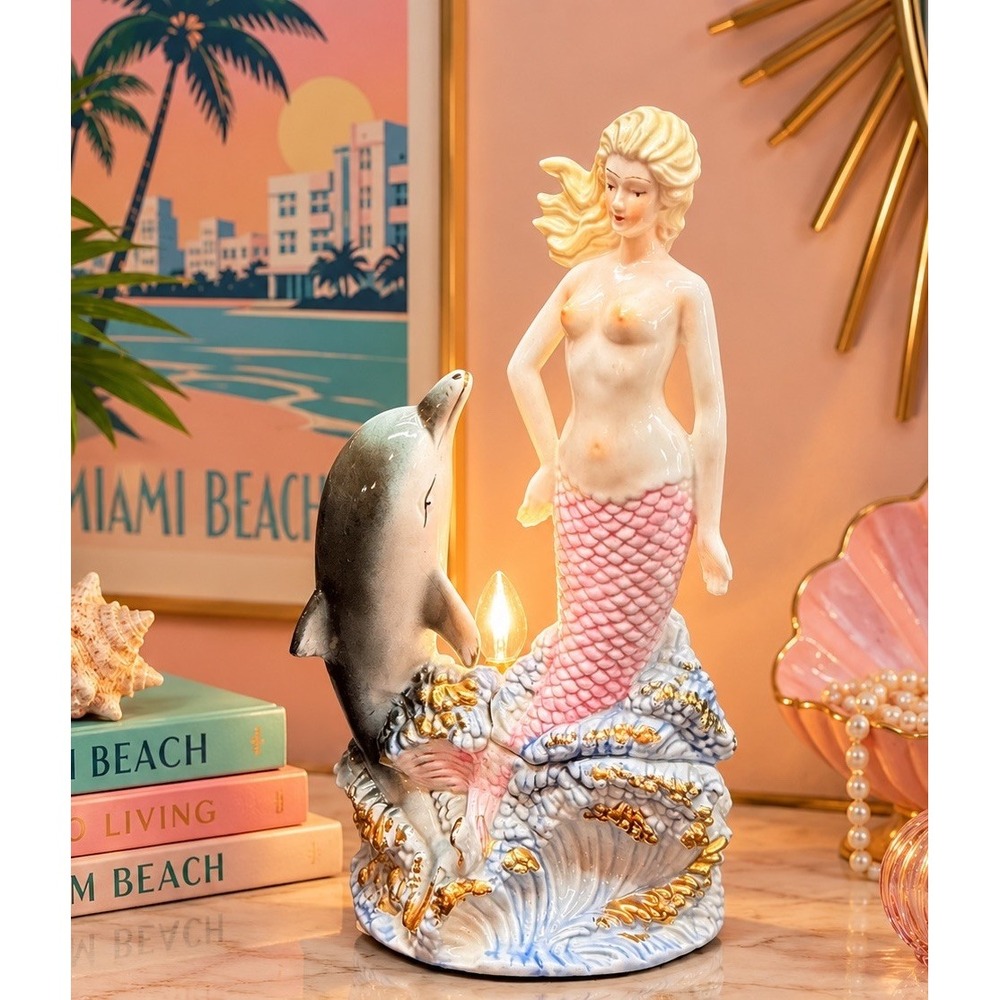 Vintage Mermaid Dolphin Porcelain Lamp 13" Gold Luster Coastal Fairycore Decor